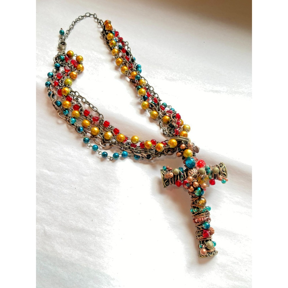 TRESKA Boho Beaded Cross Necklace Copper Lobster Clasp Multicolor Statement 20in